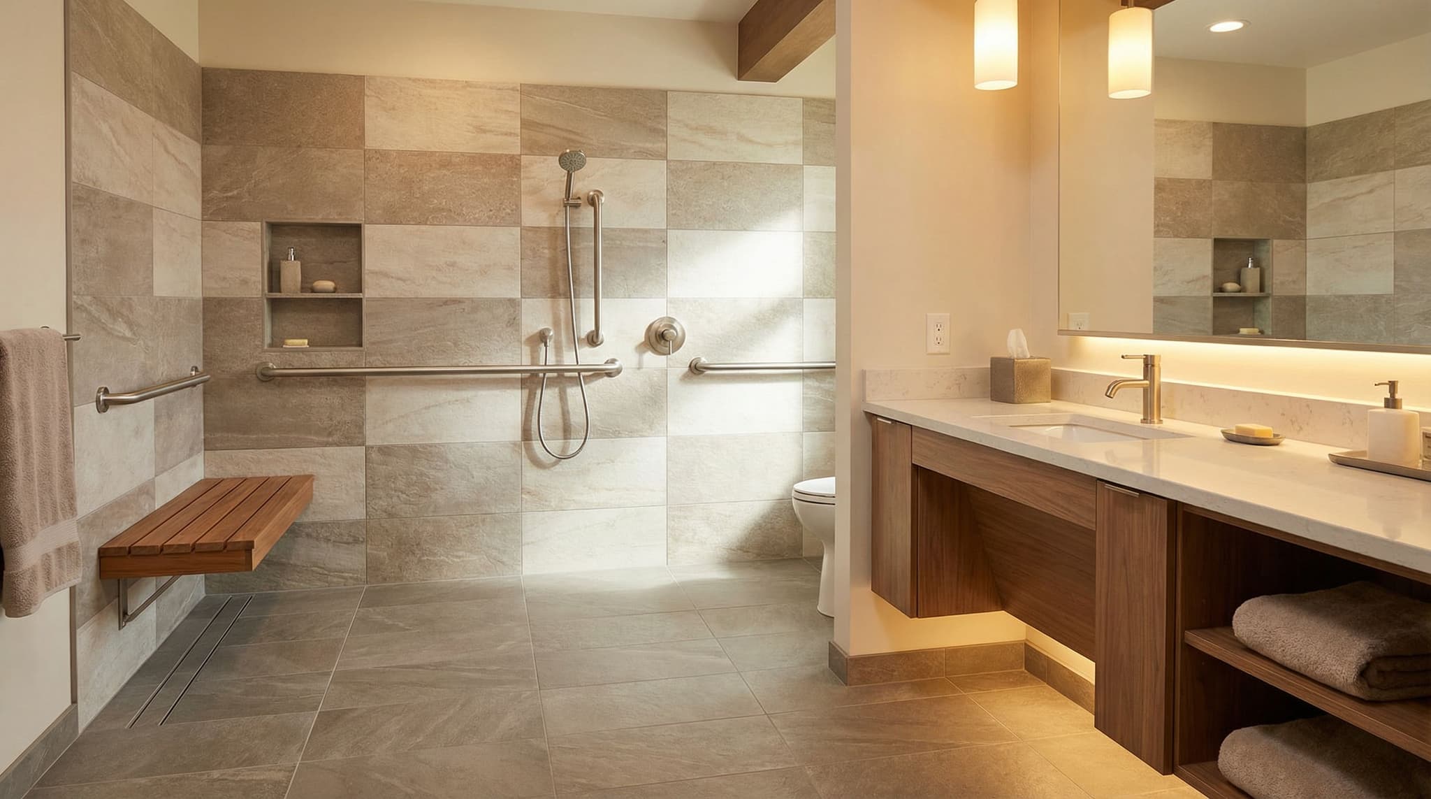 Walk-in tiled shower with grab bars and a wood bench beside a floating wood vanity