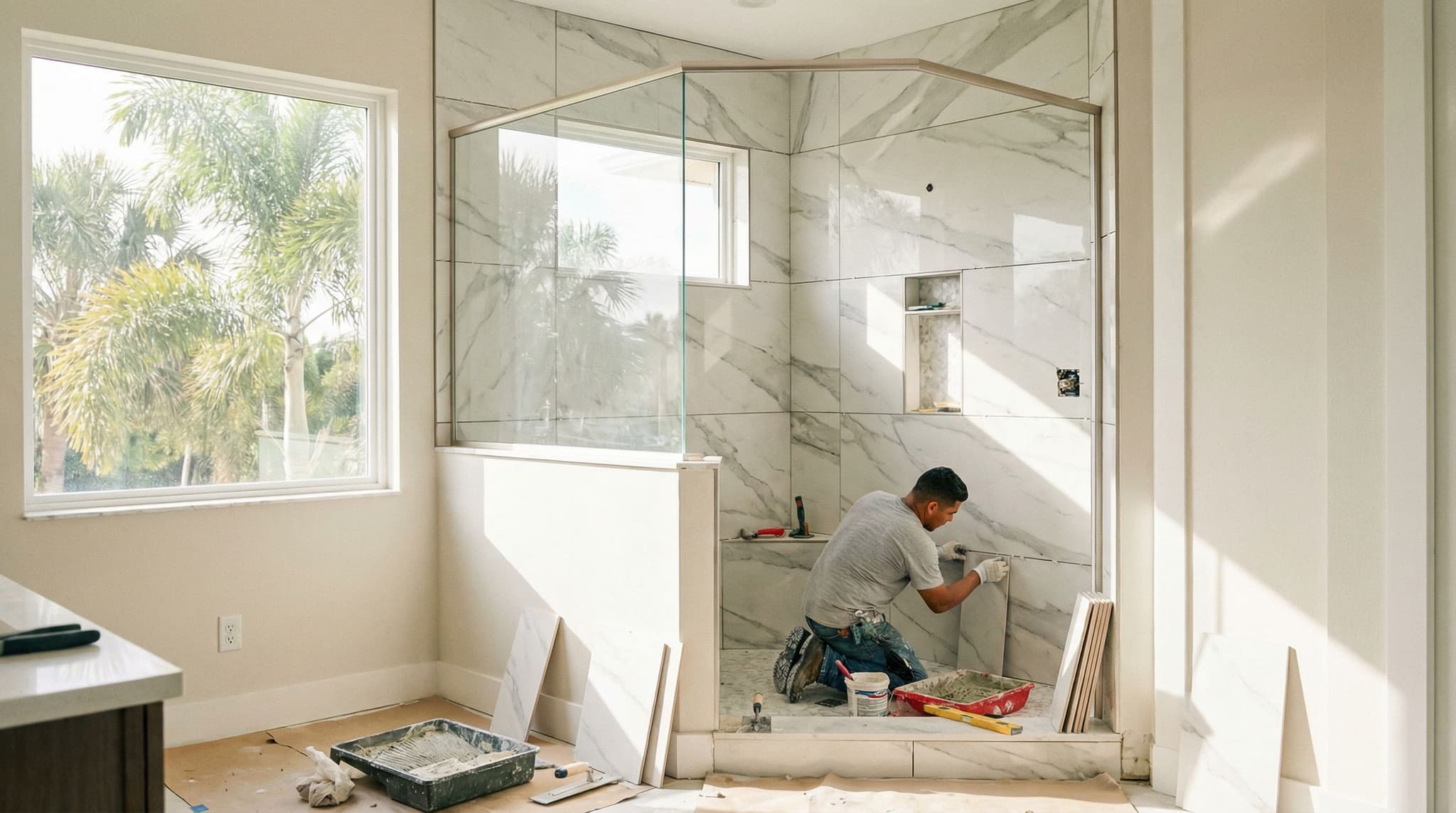 Tile installer working inside a marble-look walk-in shower during a bathroom remodel