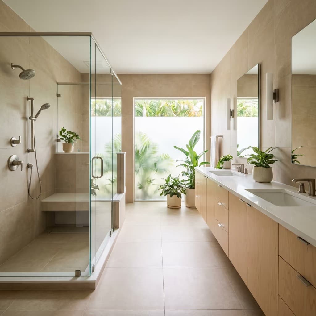 Bright bathroom with a glass walk-in shower, floating wood vanity, and potted plants
