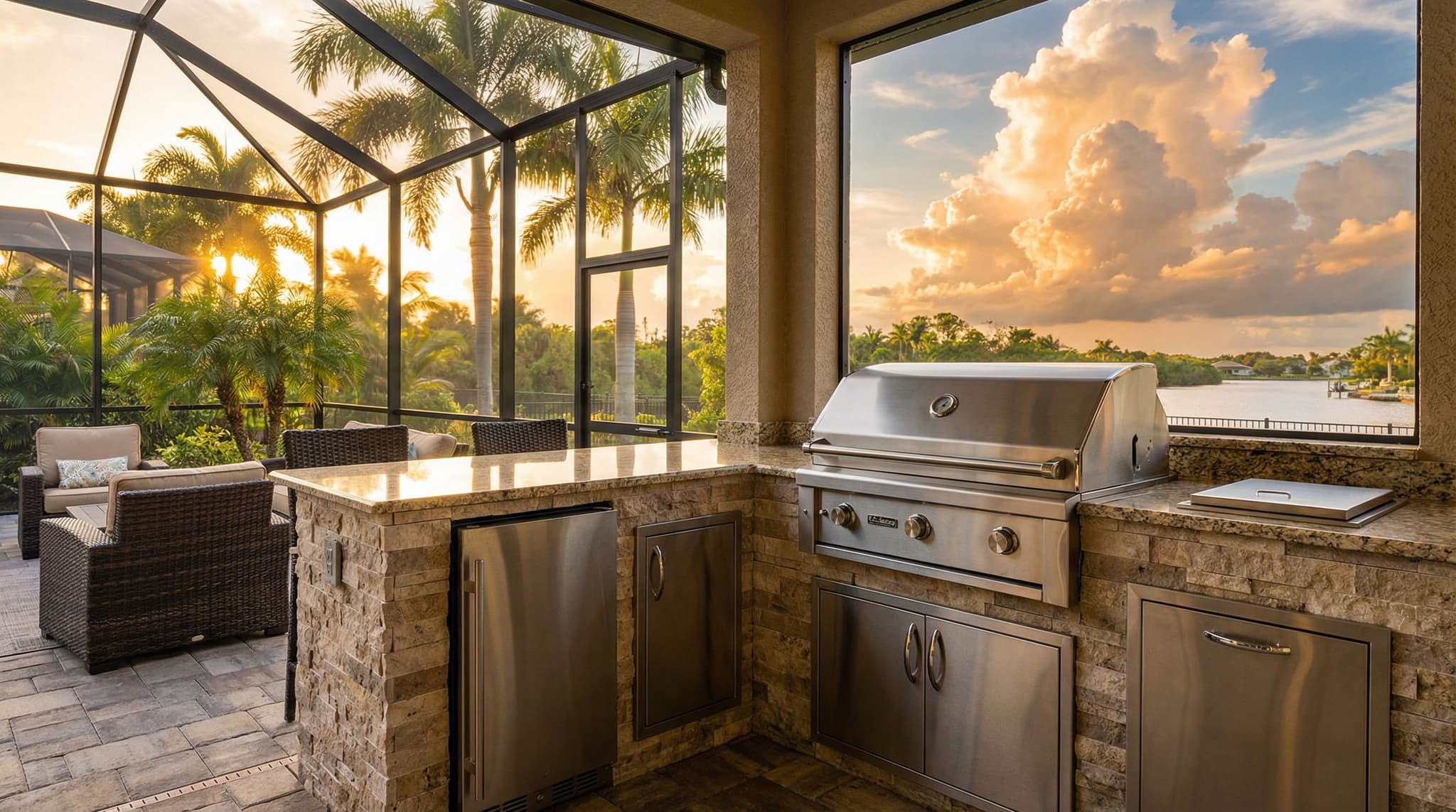 Stone-faced outdoor kitchen island with a built-in grill under a screened lanai at sunset