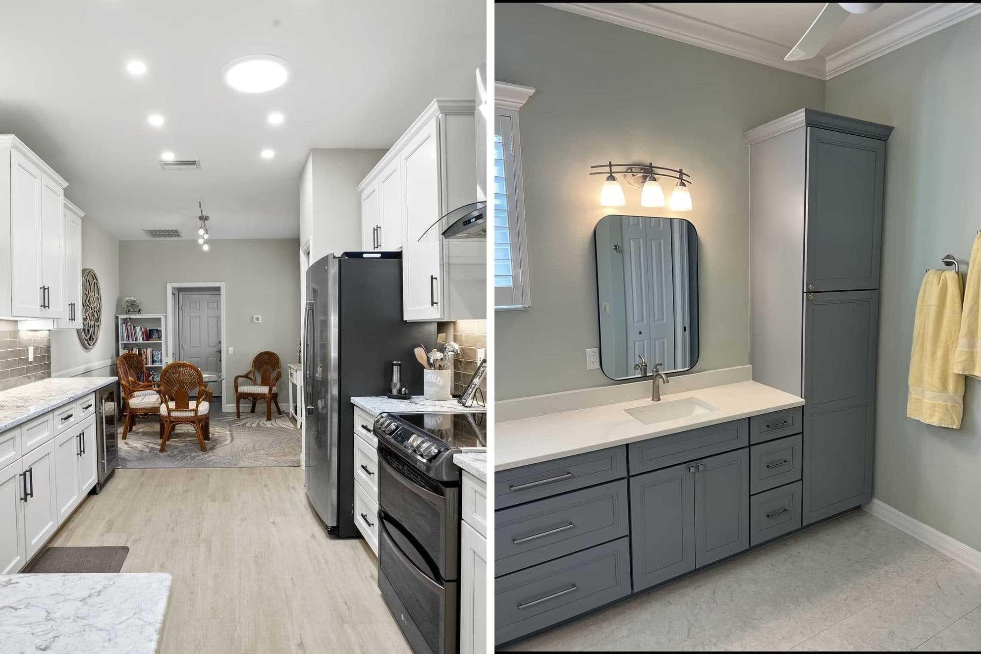 A remodeled galley kitchen with white cabinets, shown beside a remodeled bathroom with a grey vanity and linen tower