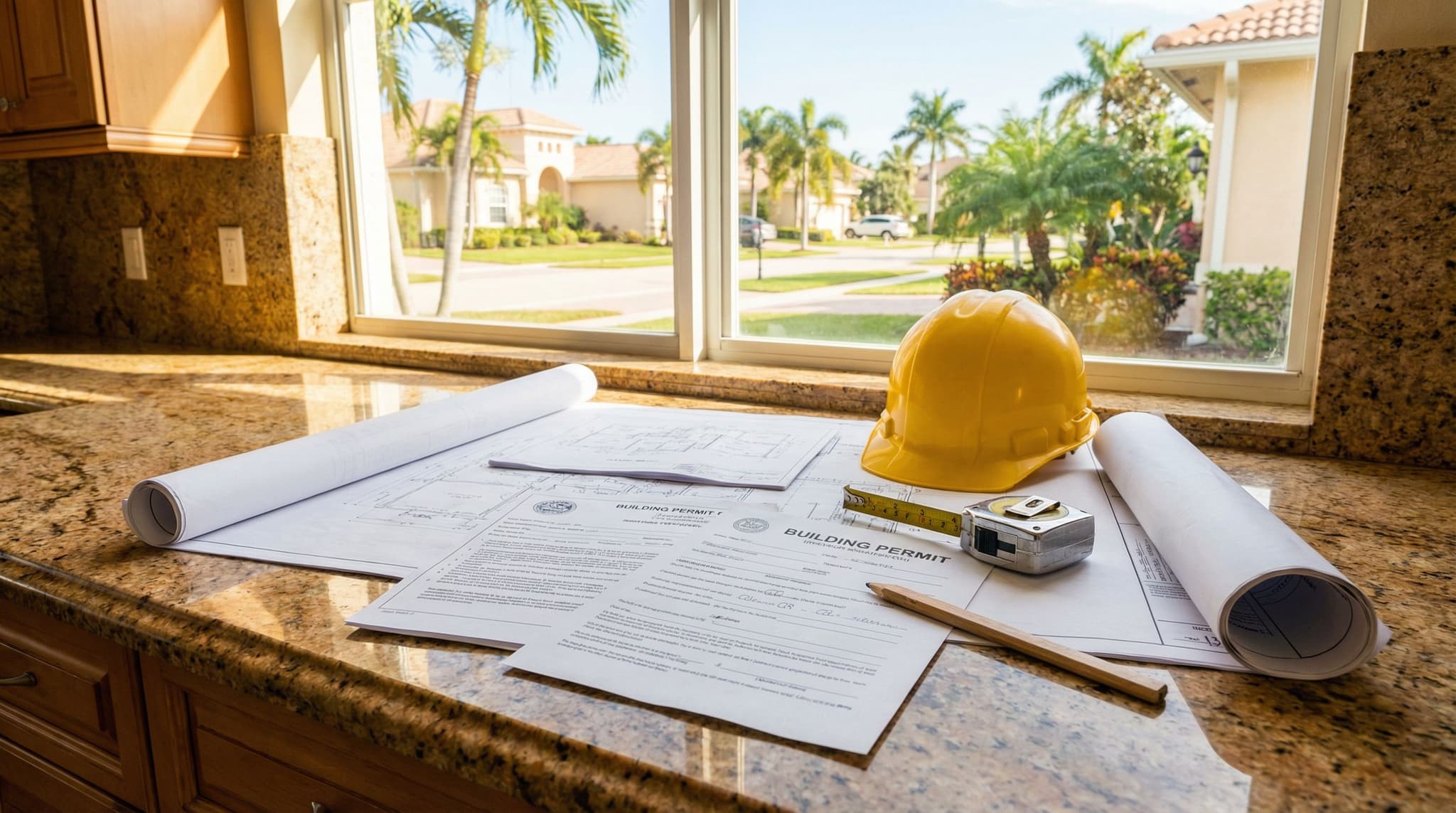 Building permit paperwork, rolled blueprints, a hard hat, and a tape measure spread on a granite countertop