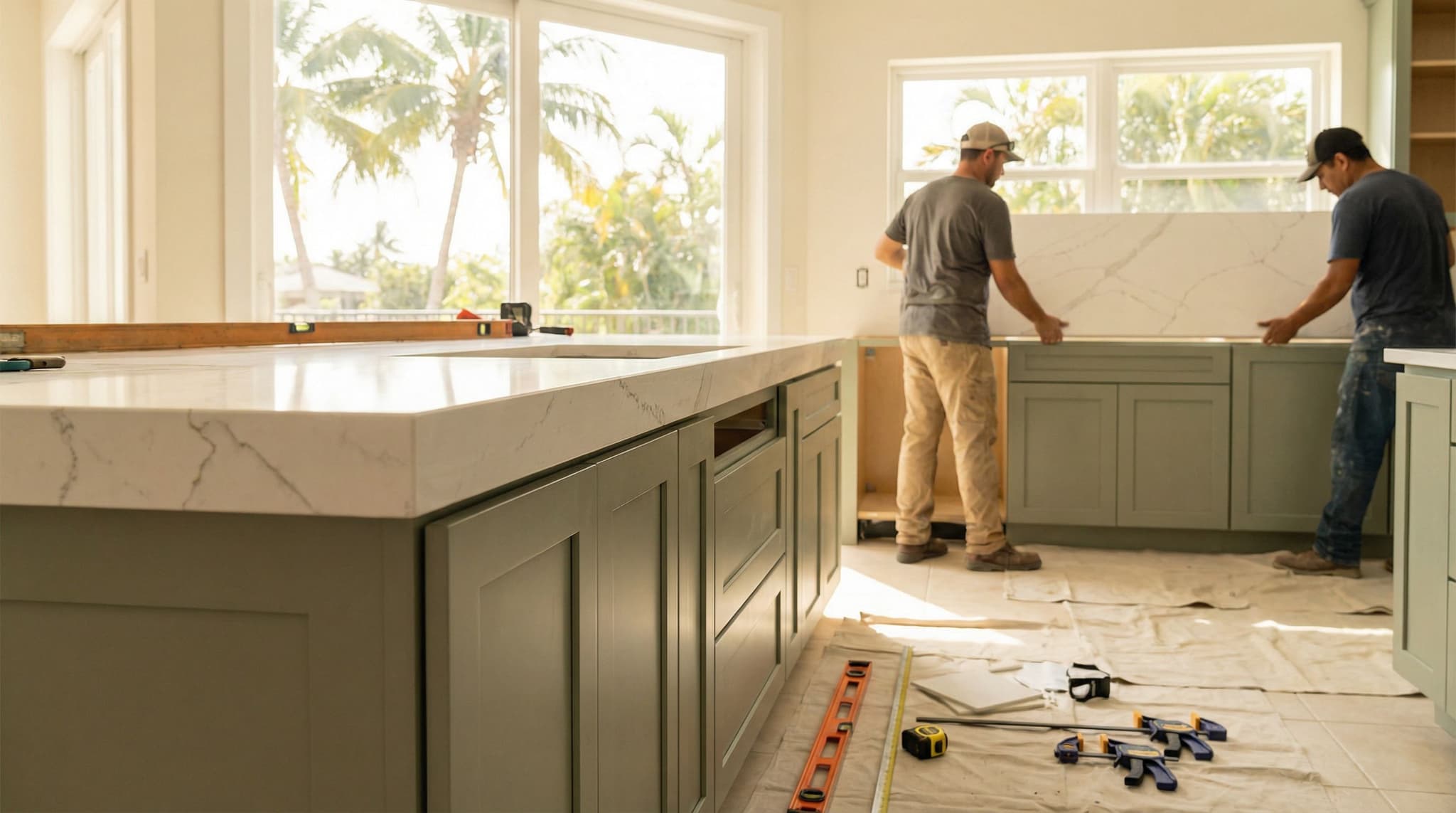 Installer fitting sage-green cabinets beneath a white quartz countertop mid-remodel
