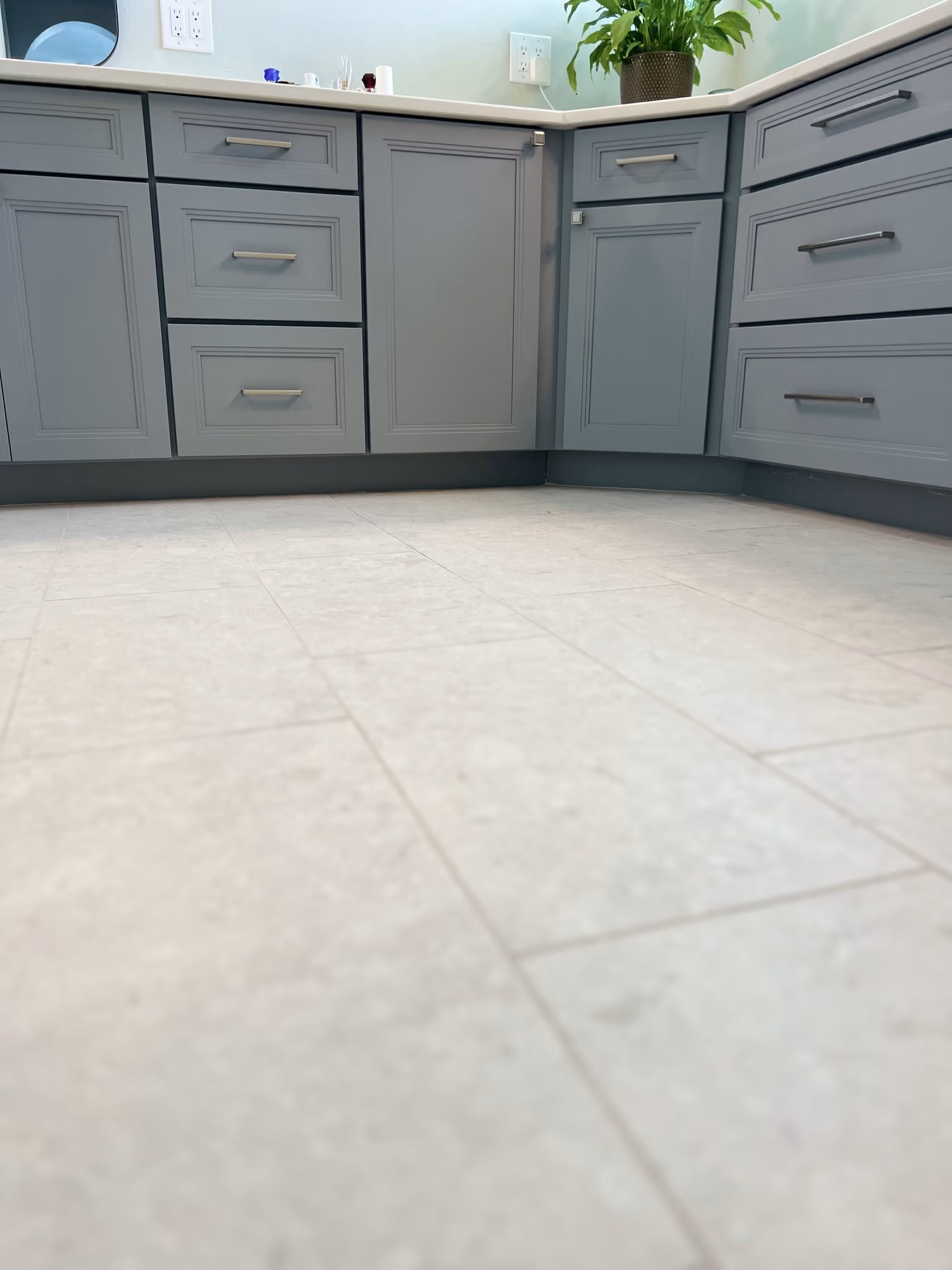 Grey tile flooring meeting a grey shaker cabinet corner, with a potted plant on the counter above